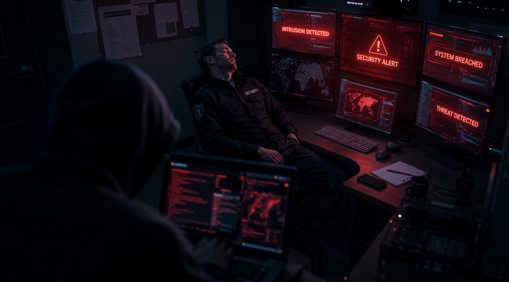Guardia de seguridad dormido frente a monitores con alertas rojas, representando la falta de confianza en un proveedor de ciberseguridad mientras una amenaza accede al sistema desprotegido.