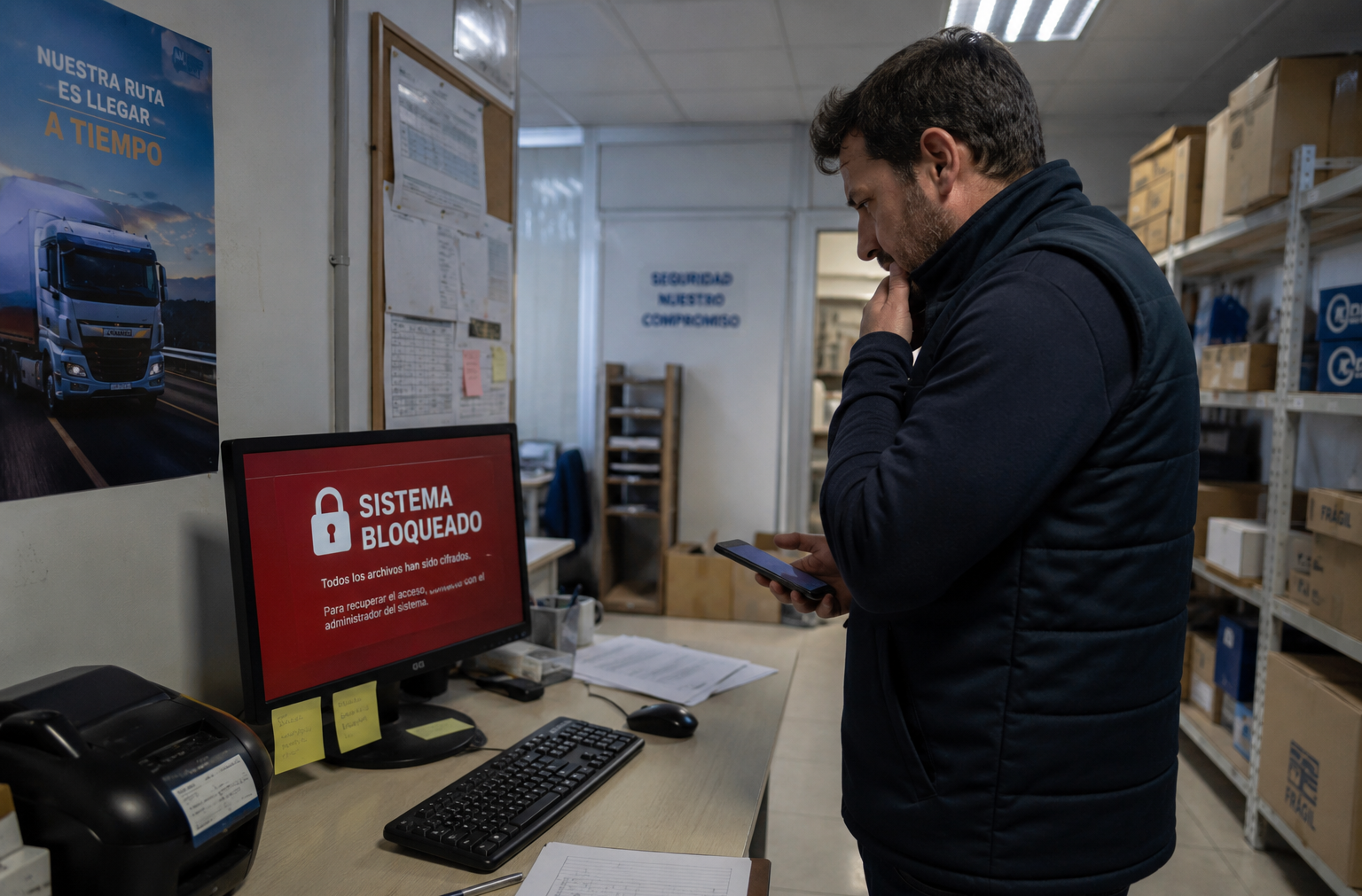 ¿Cómo cumplir con NIS2 en tu empresa para evitar sanciones? 1 Empleado de una empresa mirando con preocupación un ordenador con un aviso de sistema bloqueado por un ciberataque, con el teléfono en la mano